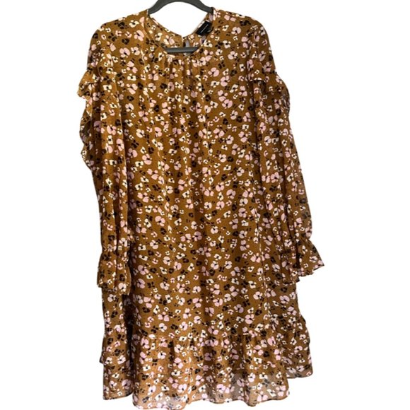 Who What Wear Dresses & Skirts - Who What Where Brown Floral Ruffle Long-Sleeved Dress, Size XXL